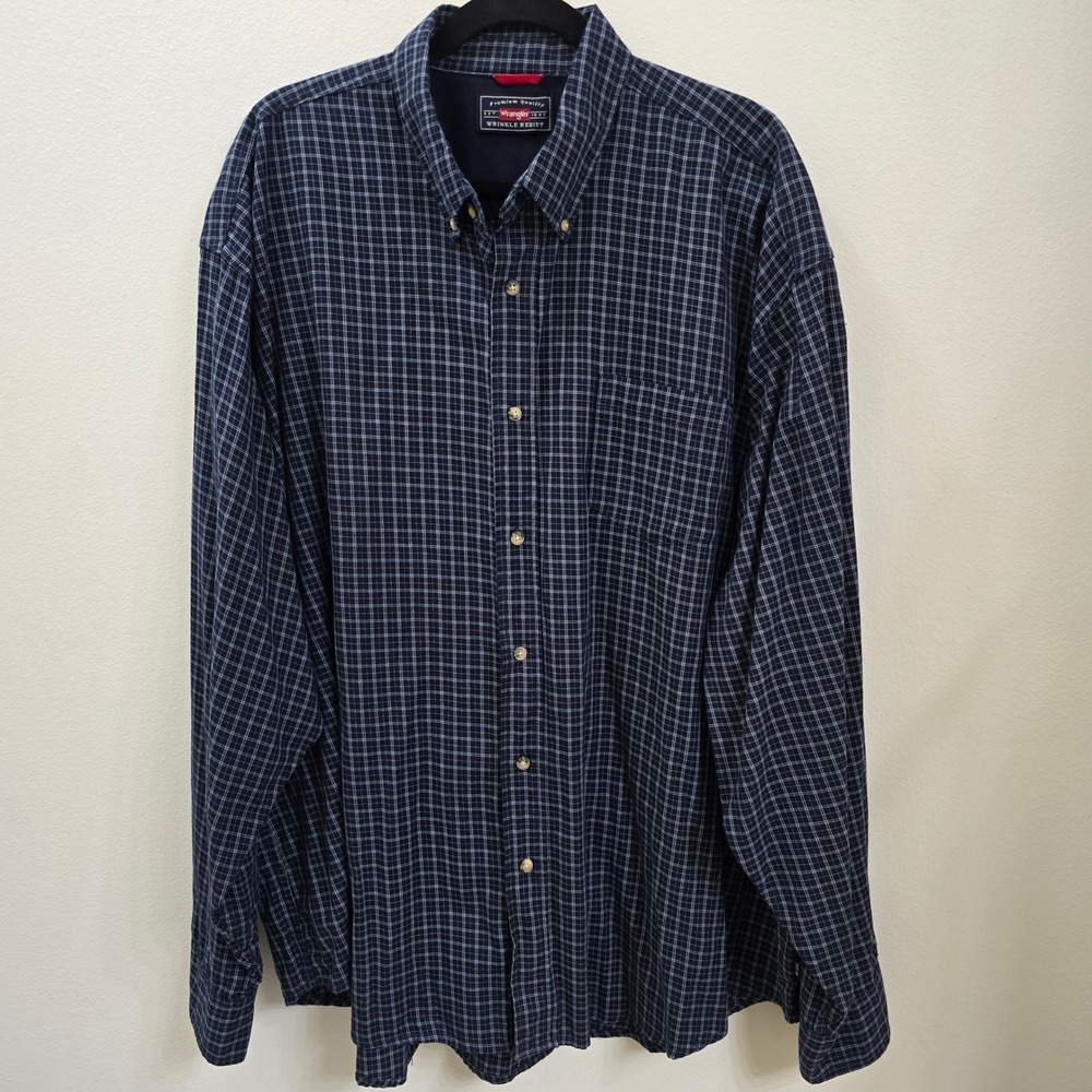 Wrangler Mens 3XL Navy Blue Plaid Wrinkle Resist Button Down Shirt